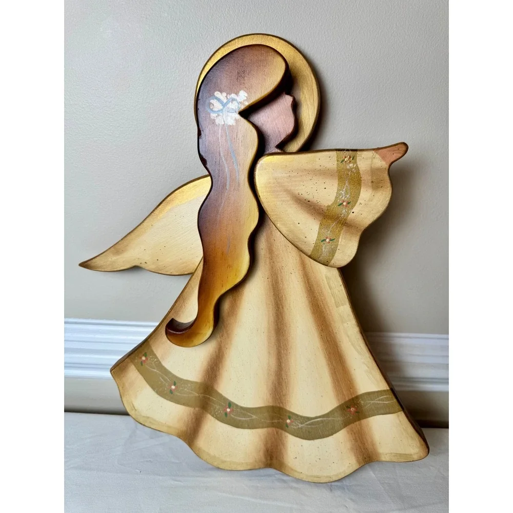 Vintage‎ Hand Painted Wood Angel Wall Hanging Countrycore Cottagecore Decor 17in